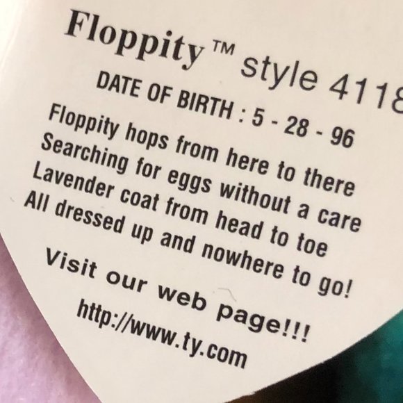 96' VINTAGE TY FLOPPITY BEANIE BABIES B'DAY 5/28/96 SET OF 2 BUNNIES LAVENDER - Picture 5 of 17